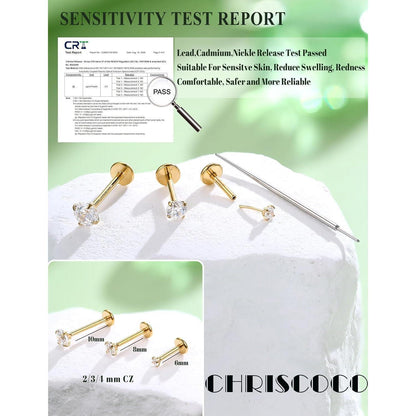 G23 Titan Labret Piercing mit CZ, 3er Set, 16G/18G/20G