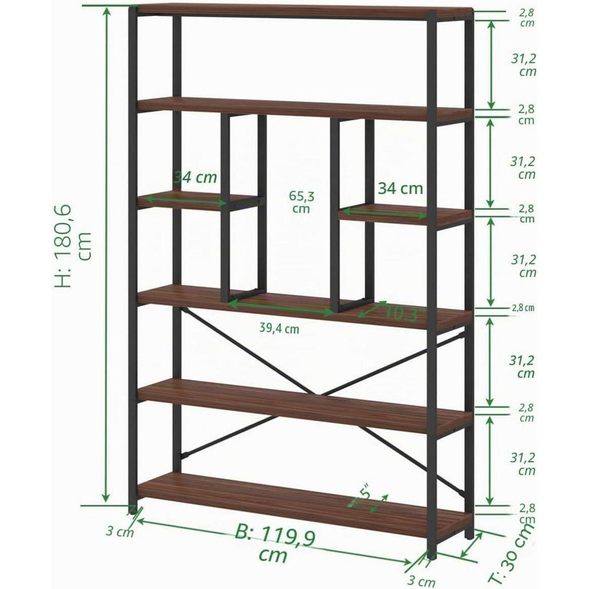6-Ebenen Bücherregal Industrie Design 180cm Walnuss