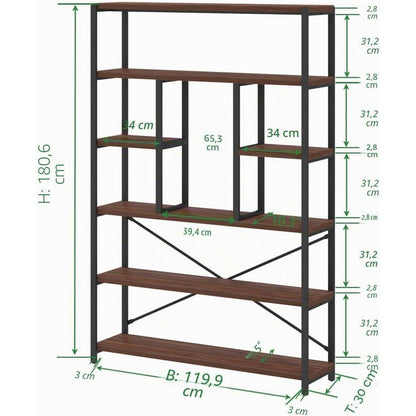 6-Ebenen Bücherregal Industrie Design 180cm Walnuss