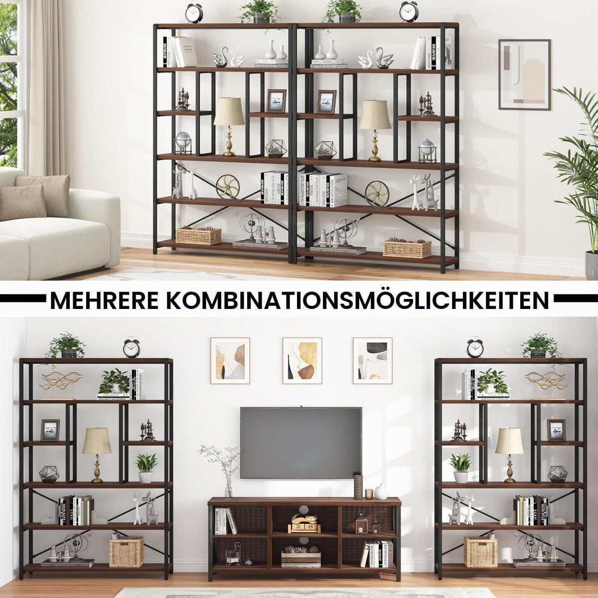 6-Ebenen Bücherregal Industrie Design 180cm Walnuss