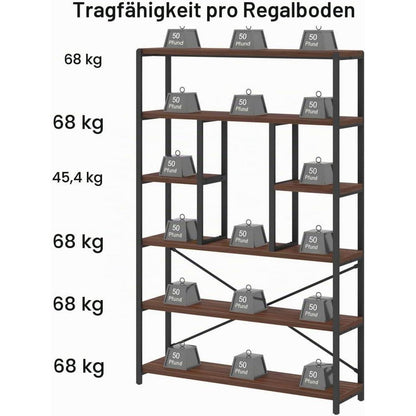 6-Ebenen Bücherregal Industrie Design 180cm Walnuss