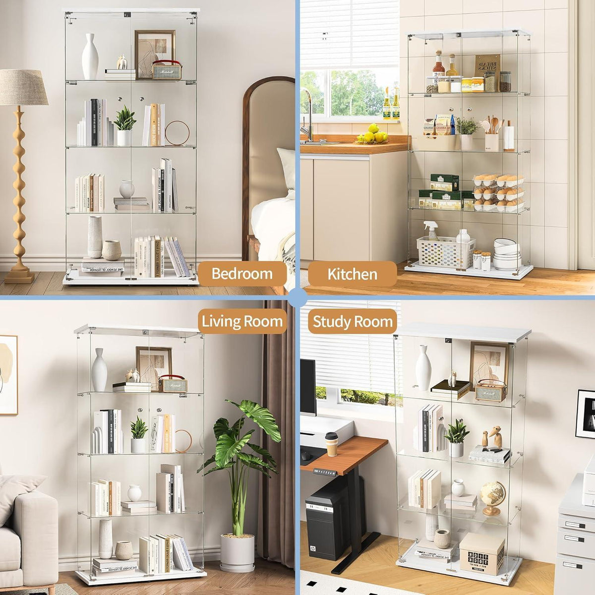 Glasvitrine 164 cm | 4 Etagen, 2 Türen & Schloss | Modern & Stehend