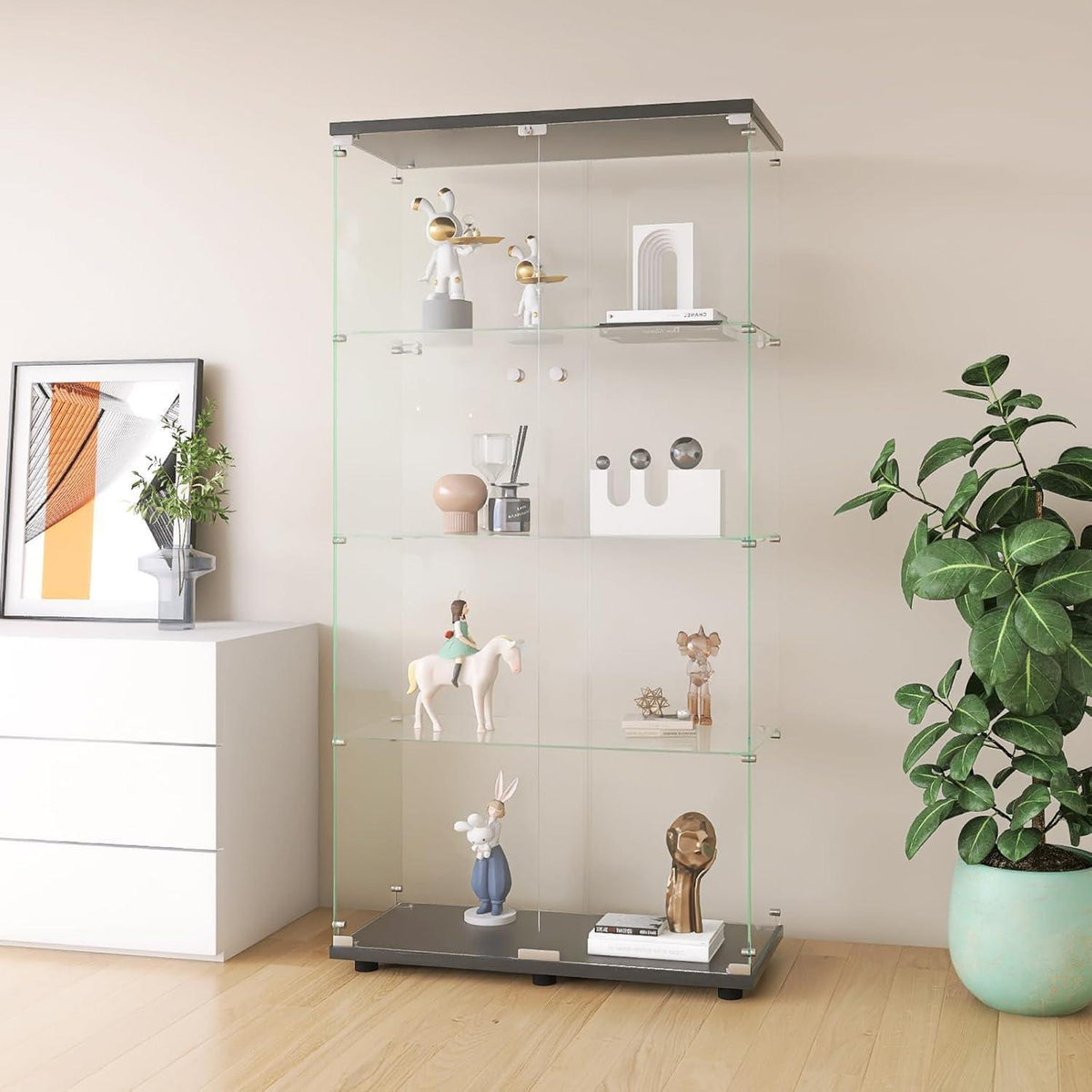 Glasvitrine 164 cm | 4 Etagen, 2 Türen & Schloss | Modern & Stehend