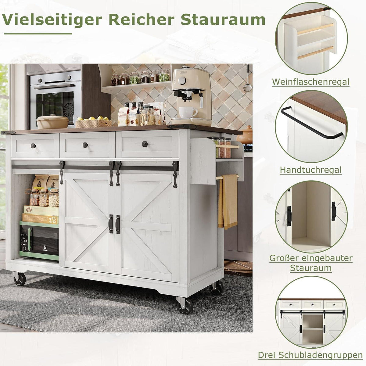 Kücheninsel mit ausziehbarer Arbeitsplatte & Stauraum