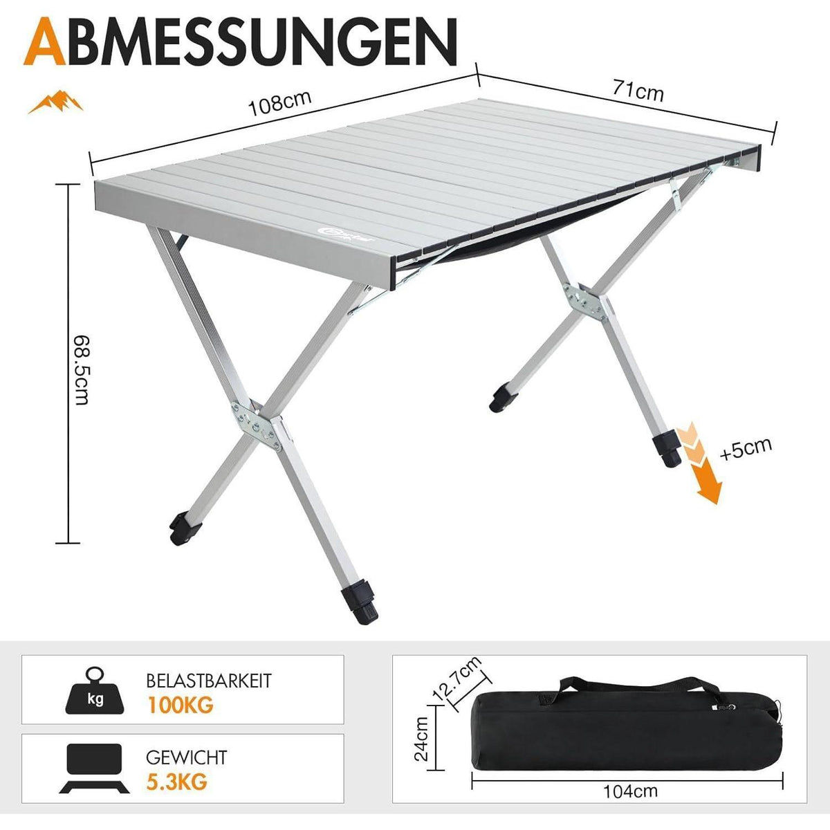PORTAL Campingtisch faltbar, höhenverstellbar, 108x71cm, Aluminium, rollbar