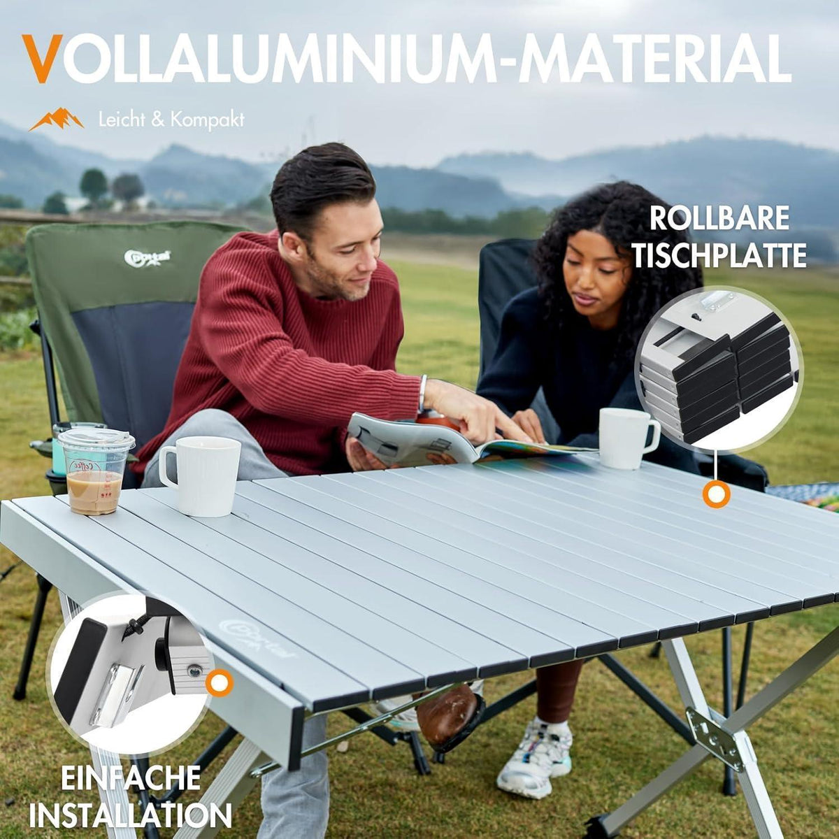PORTAL Campingtisch faltbar, höhenverstellbar, 108x71cm, Aluminium, rollbar