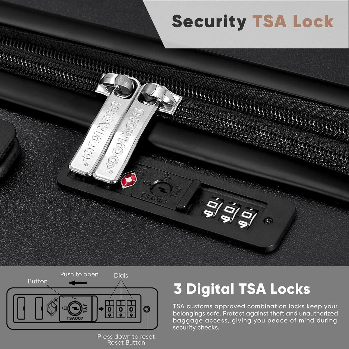 SHOWKOO Kofferset 3 tlg Hartschale 100% PC TSA 360° Rollen - Schwarz