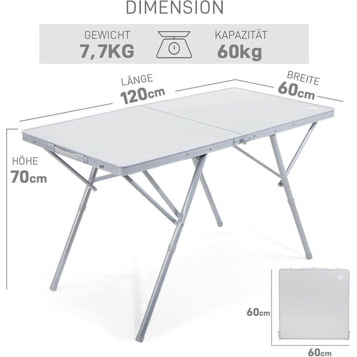 Faltbarer Campingtisch XL 120x60cm, höhenverstellbar, bis 60kg