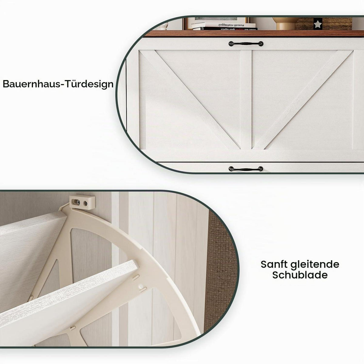 Schmaler Schuhschrank mit Klappschubladen – Weißer Bauernhaus-Stil