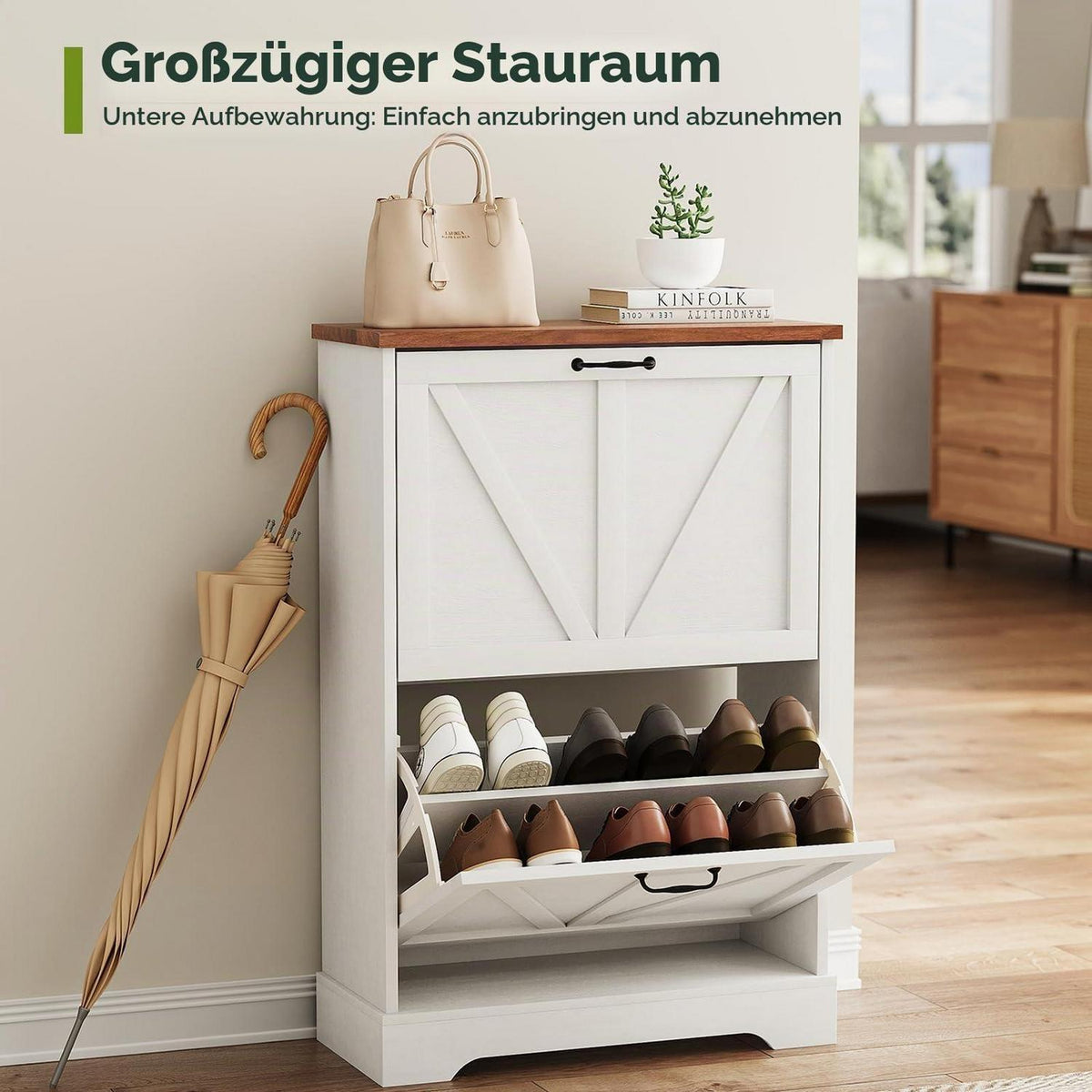 Schmaler Schuhschrank mit Klappschubladen – Weißer Bauernhaus-Stil