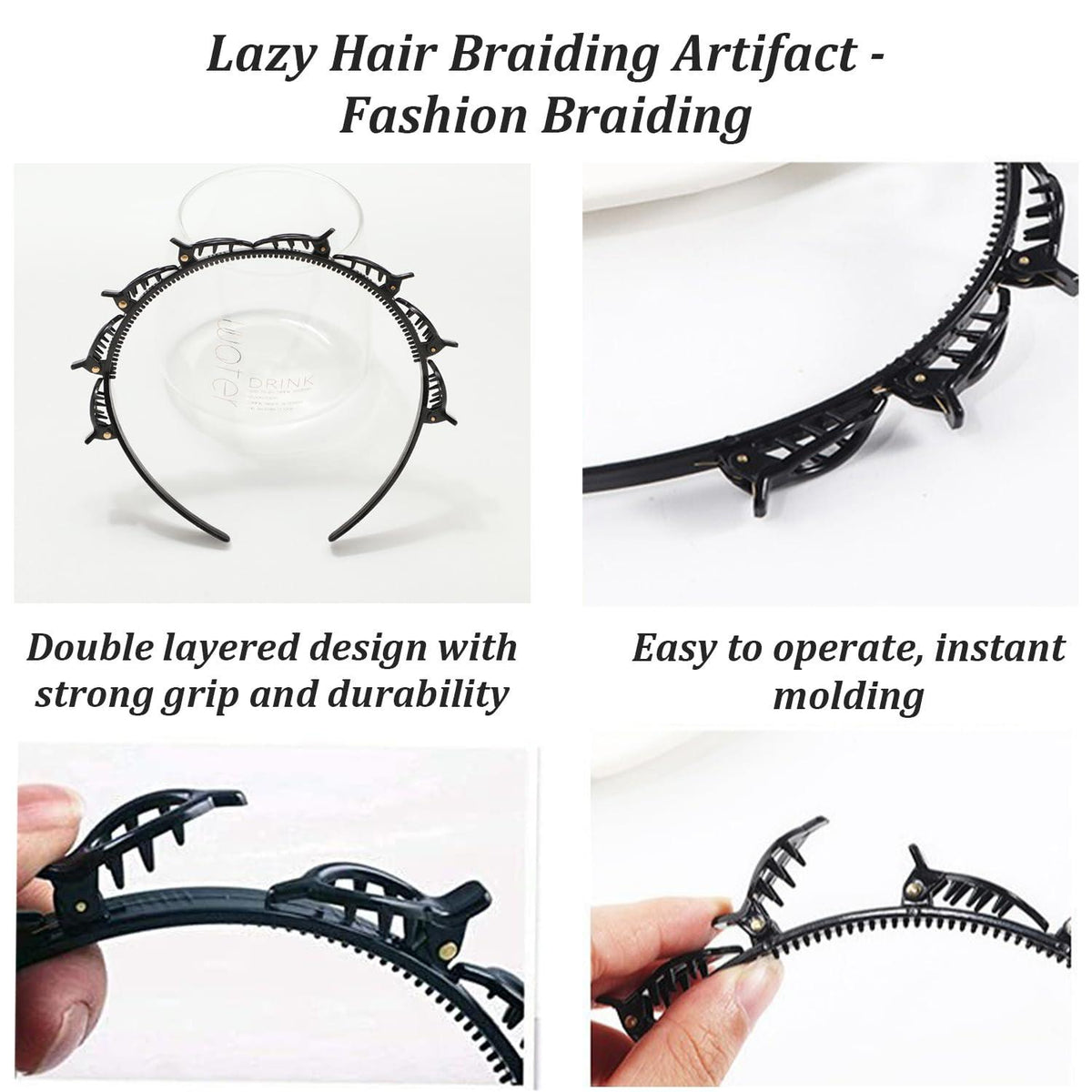 2er Set schwarze Haarreifen mit Zahnstirnband Braid Tool