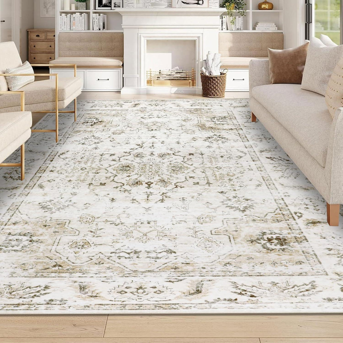 Beiger Boho Teppich 160x230cm – Waschbarer Kurzflor Vintage Teppich