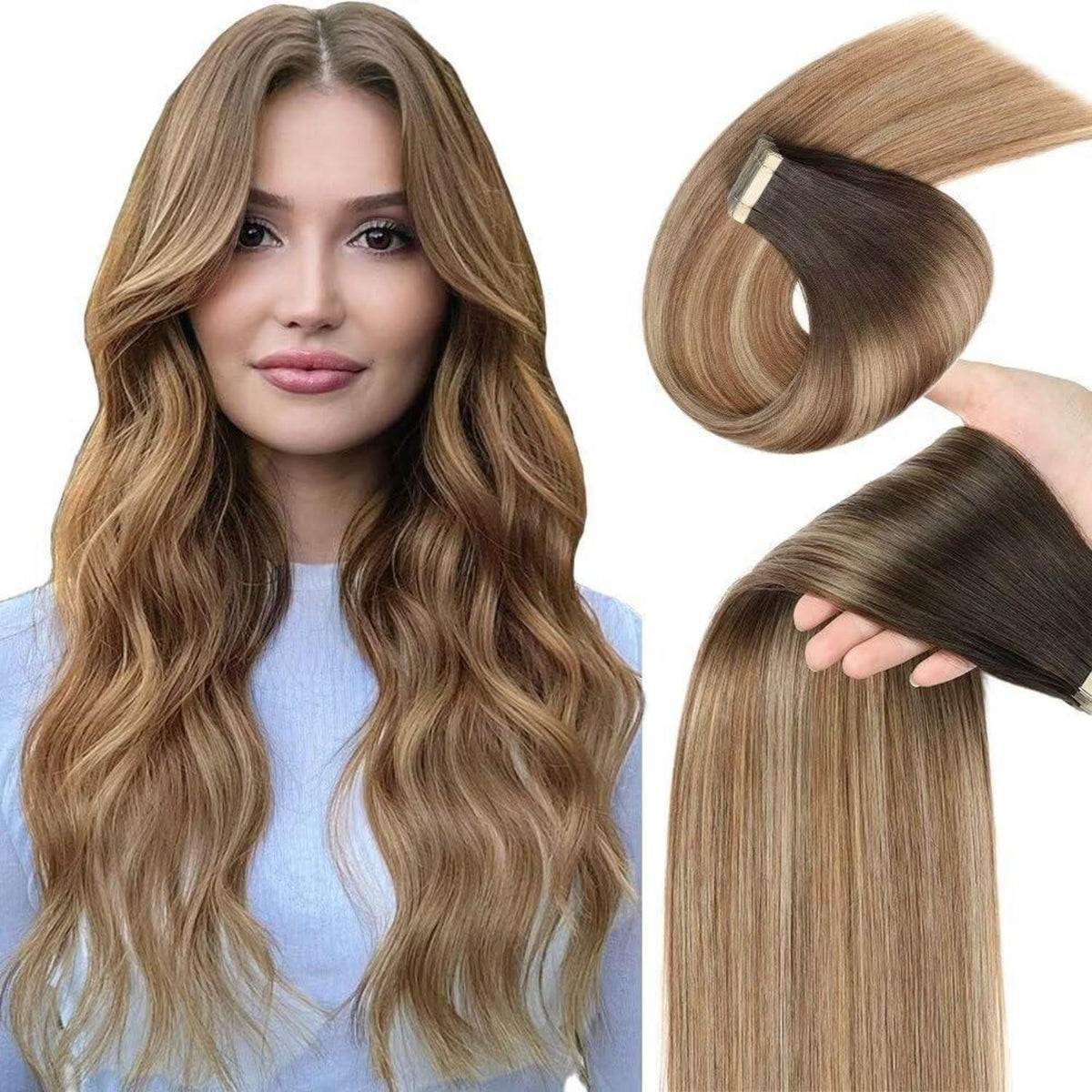 Echthaar Tape Extensions Goldbraun Balayage 55cm