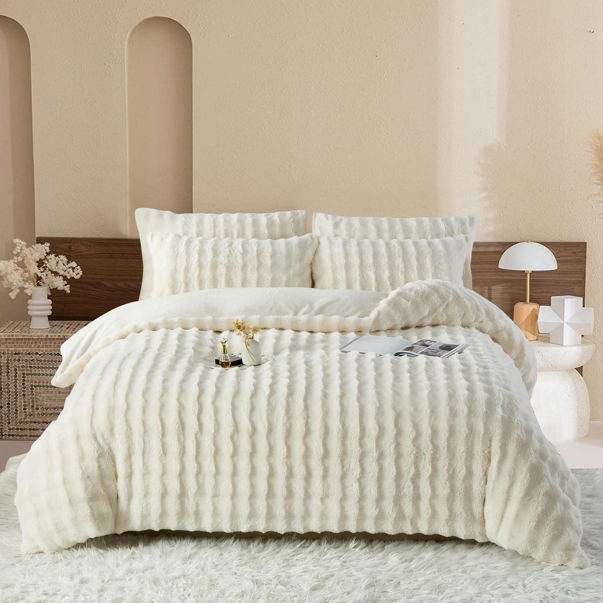 Plüsch Bettwäsche Set 200x220 Creme Weiß, Winterwarm & Kuschelig
