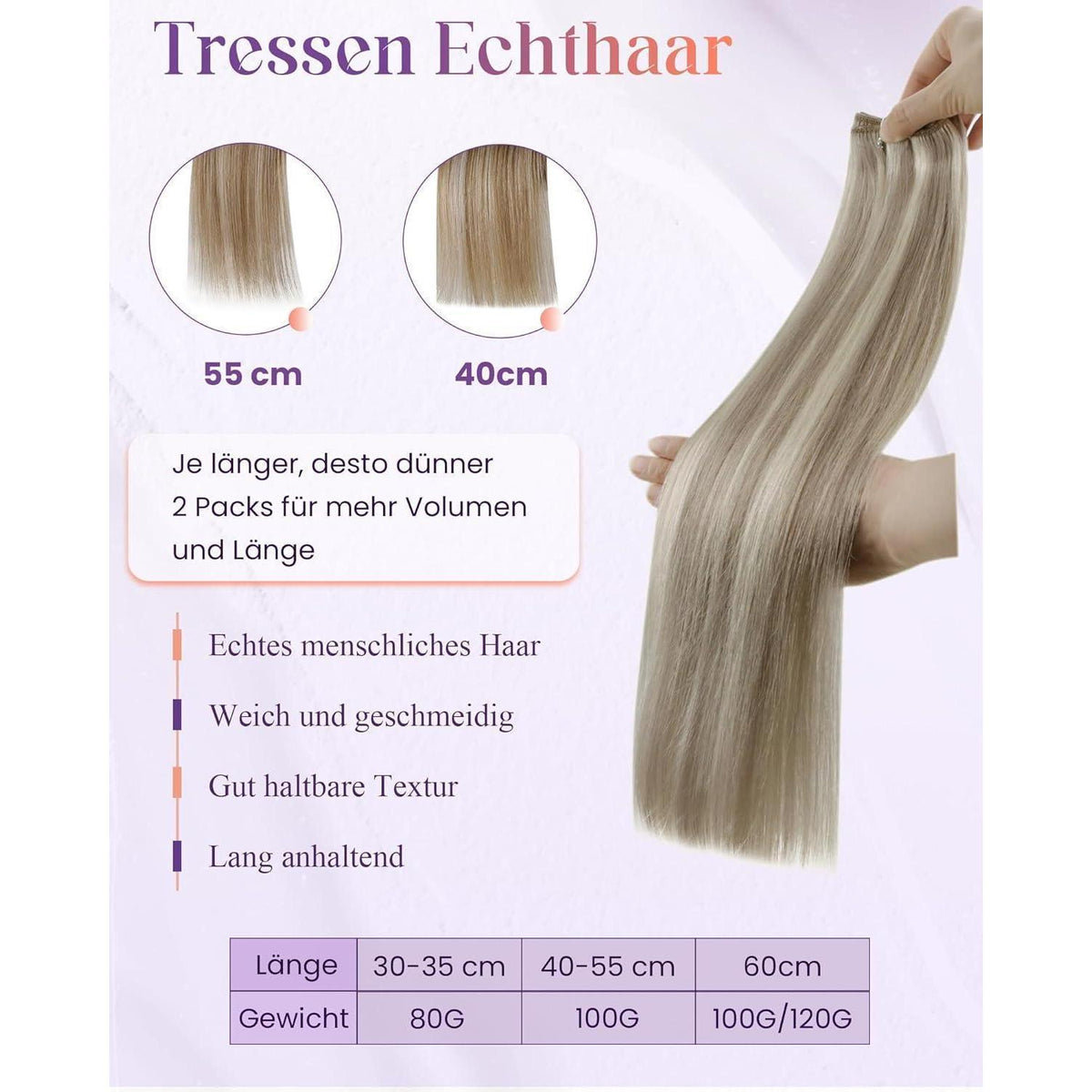 Echthaar Tressen Blond Einnähen Remy 35cm #P18/613