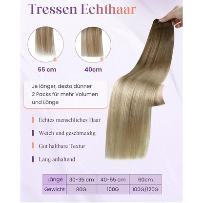 Echthaar Tressen Balayage Braun Ombre Aschblond 40cm