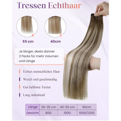 Echthaar Tressen Braun Balayage Blond 30cm zum Einnähen