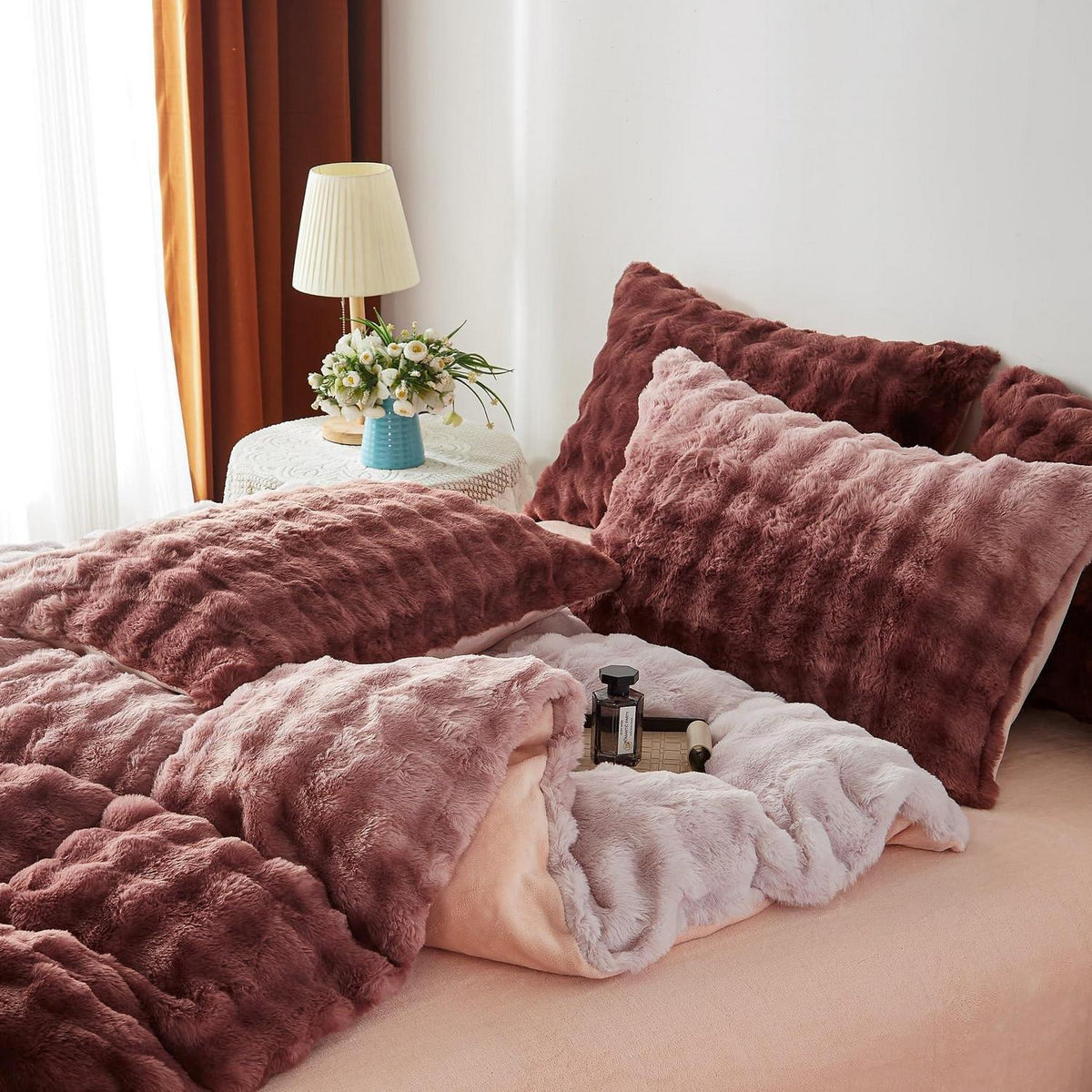Plüsch Bettwäsche Set 200x220 Rosa Braun Winterwarm