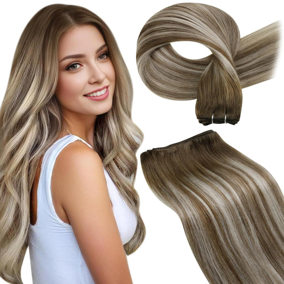 Echthaar Tressen Braun Balayage mit Platinblond 50cm