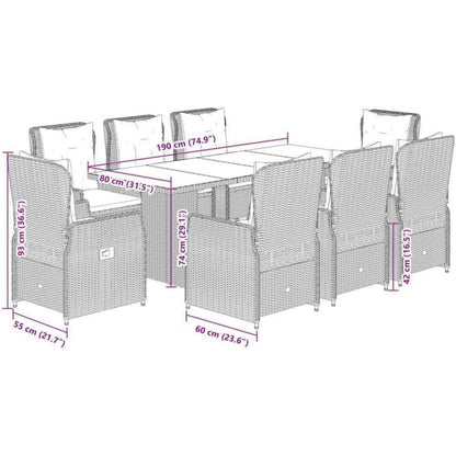 Polyrattan Essgruppe 8 Personen mit verstellbaren Hochlehnern und Glasplatte
