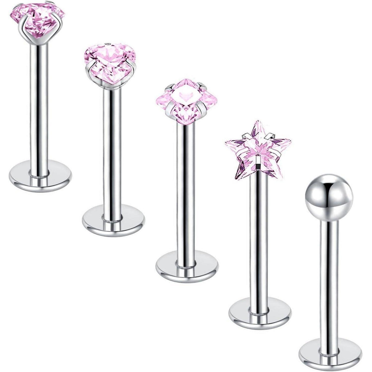 5er Set Lippenpiercing Labret Stecker 10mm 16G Silber Gold Rosa