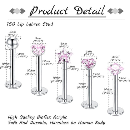 5er Set Lippenpiercing Labret Stecker 10mm 16G Silber Gold Rosa