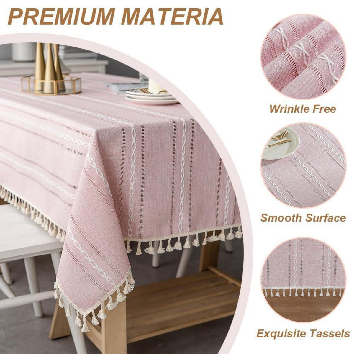 Böhmische Tischdecke Leinen 140x140cm Rosa mit Quasten