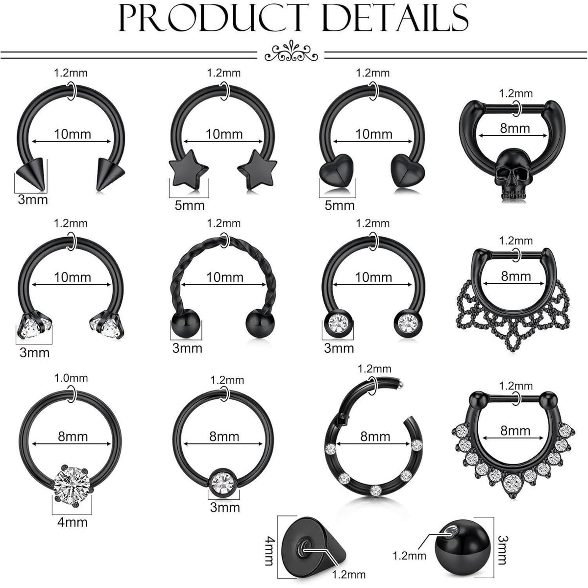 Hufeisen Septum Piercing Ring 16G Edelstahl Schwarz 8/10mm