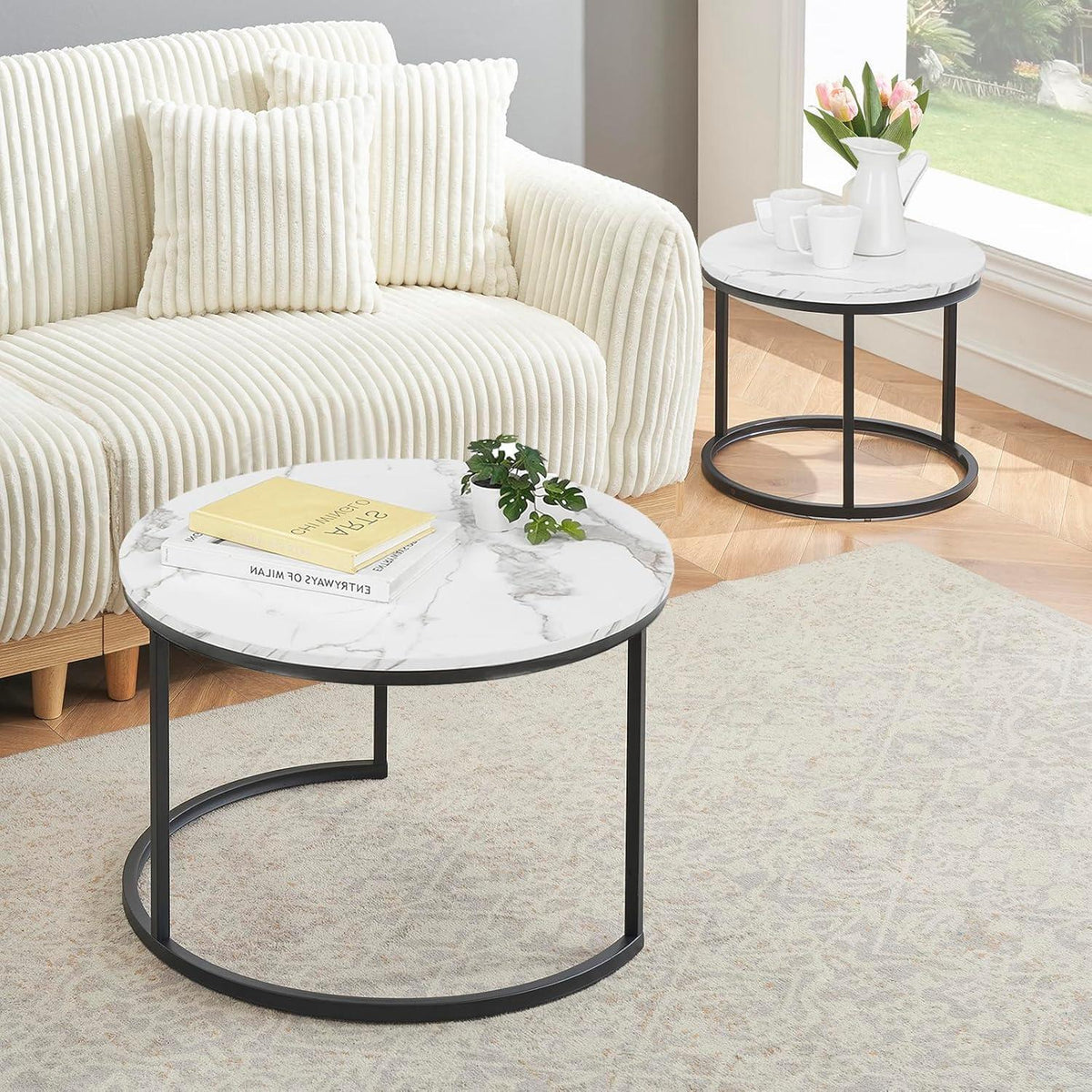 Runder Couchtisch Marmor Optik 2er Set Schwarz Weiß
