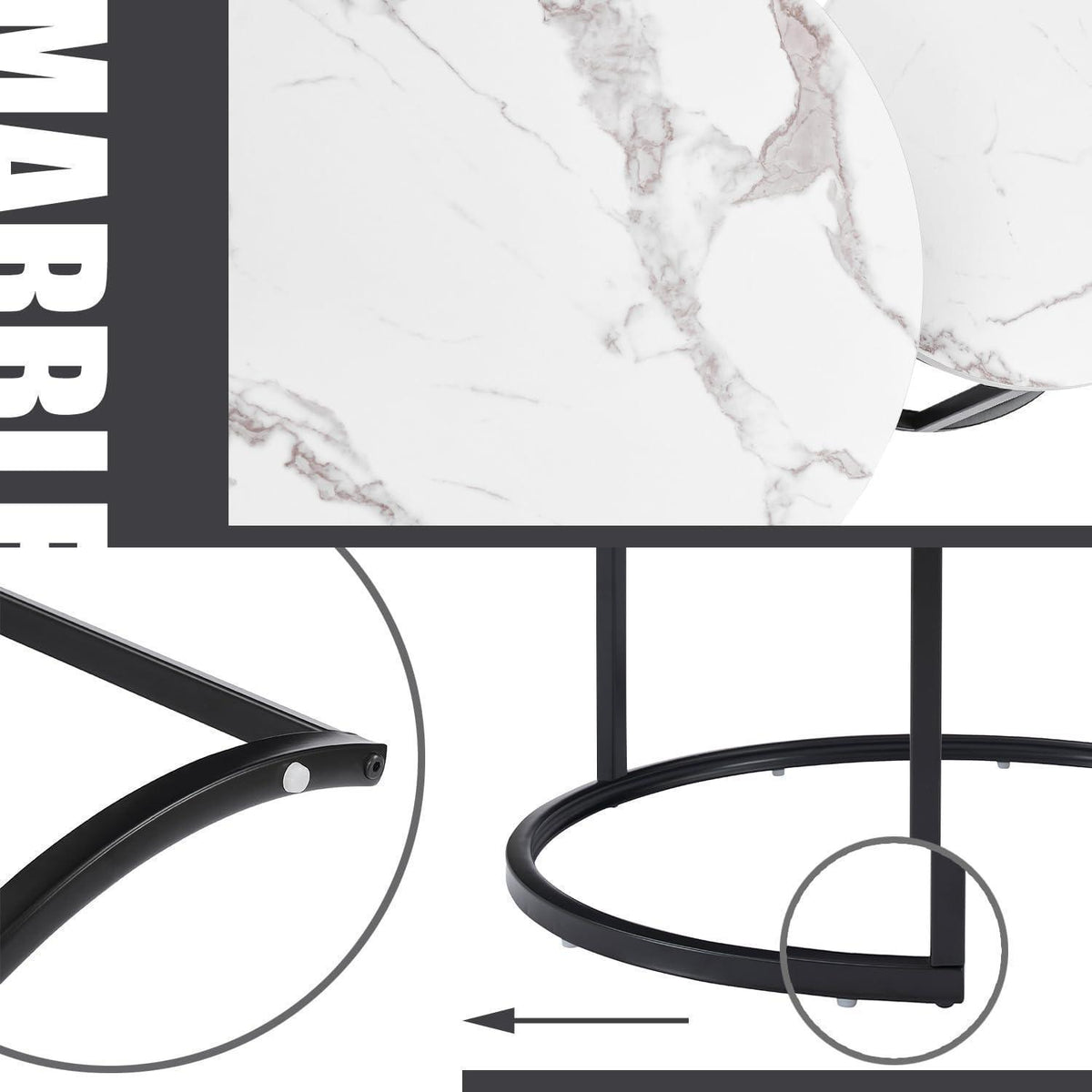 Runder Couchtisch Marmor Optik 2er Set Schwarz Weiß