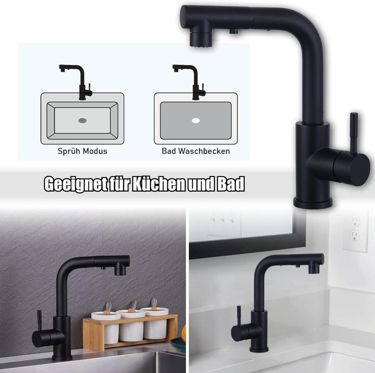 Wasserhahn Bad Schwarz 360° Drehbar Ausziehbar 2 Sprühmodi L Form