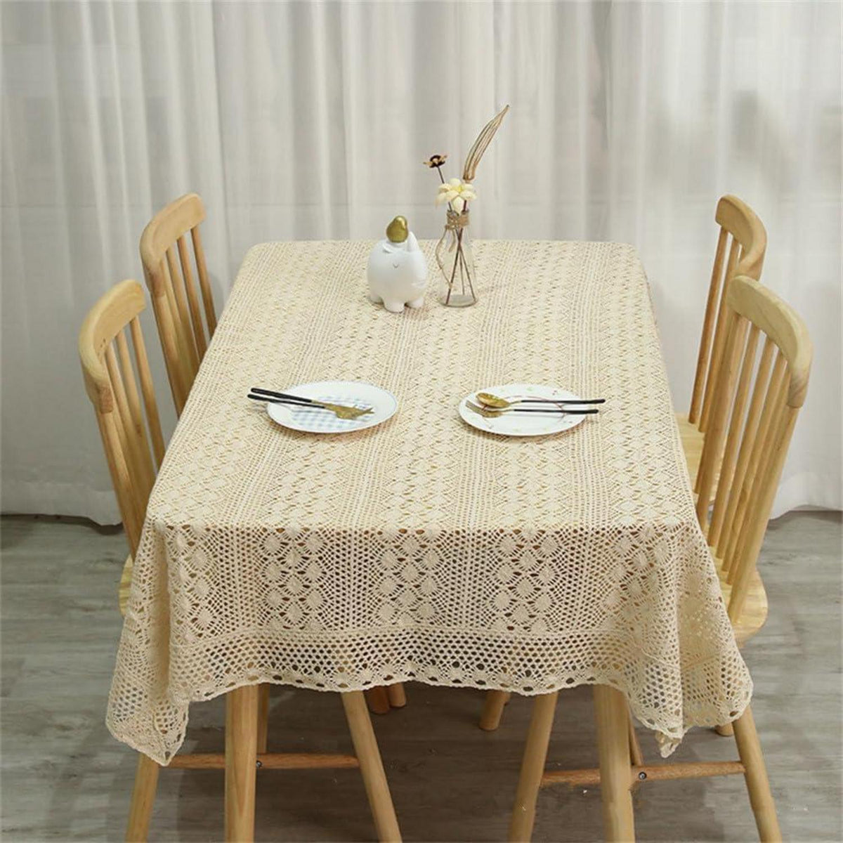 Rechteckige Häkel Tischdecke Beige Vintage Baumwolle 250x140 cm
