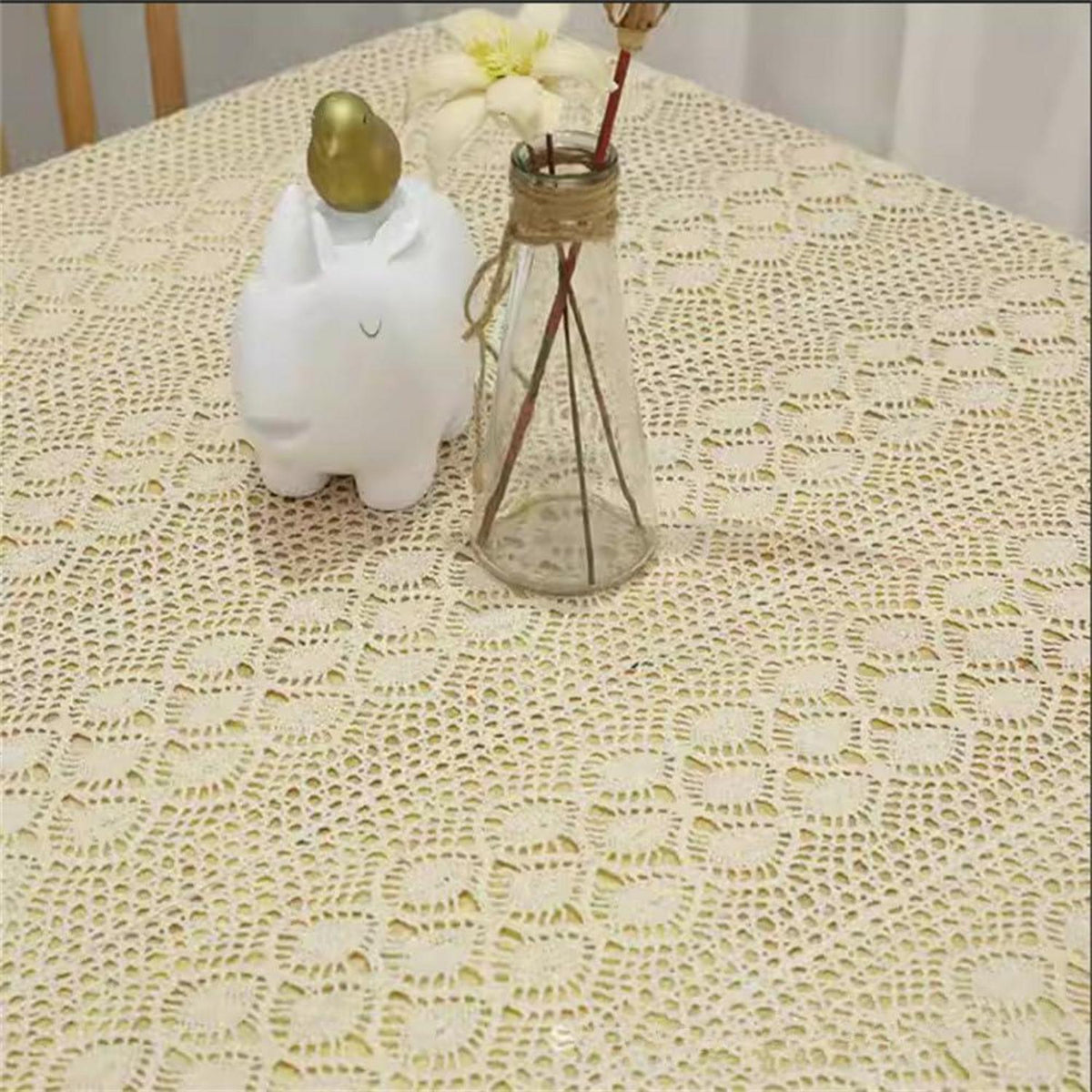 Rechteckige Häkel Tischdecke Beige Vintage Baumwolle 250x140 cm