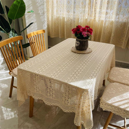 Rechteckige Häkel Tischdecke Beige Baumwolle Vintage Spitze 100x140cm