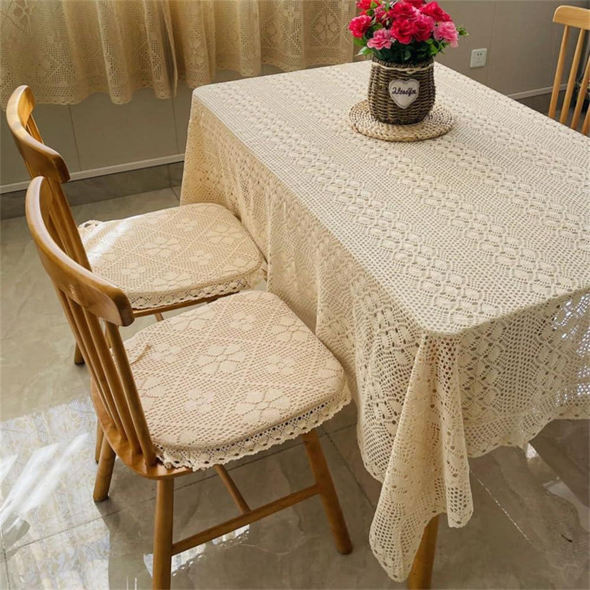 Rechteckige Häkel Tischdecke Beige Baumwolle Vintage Spitze 100x140cm