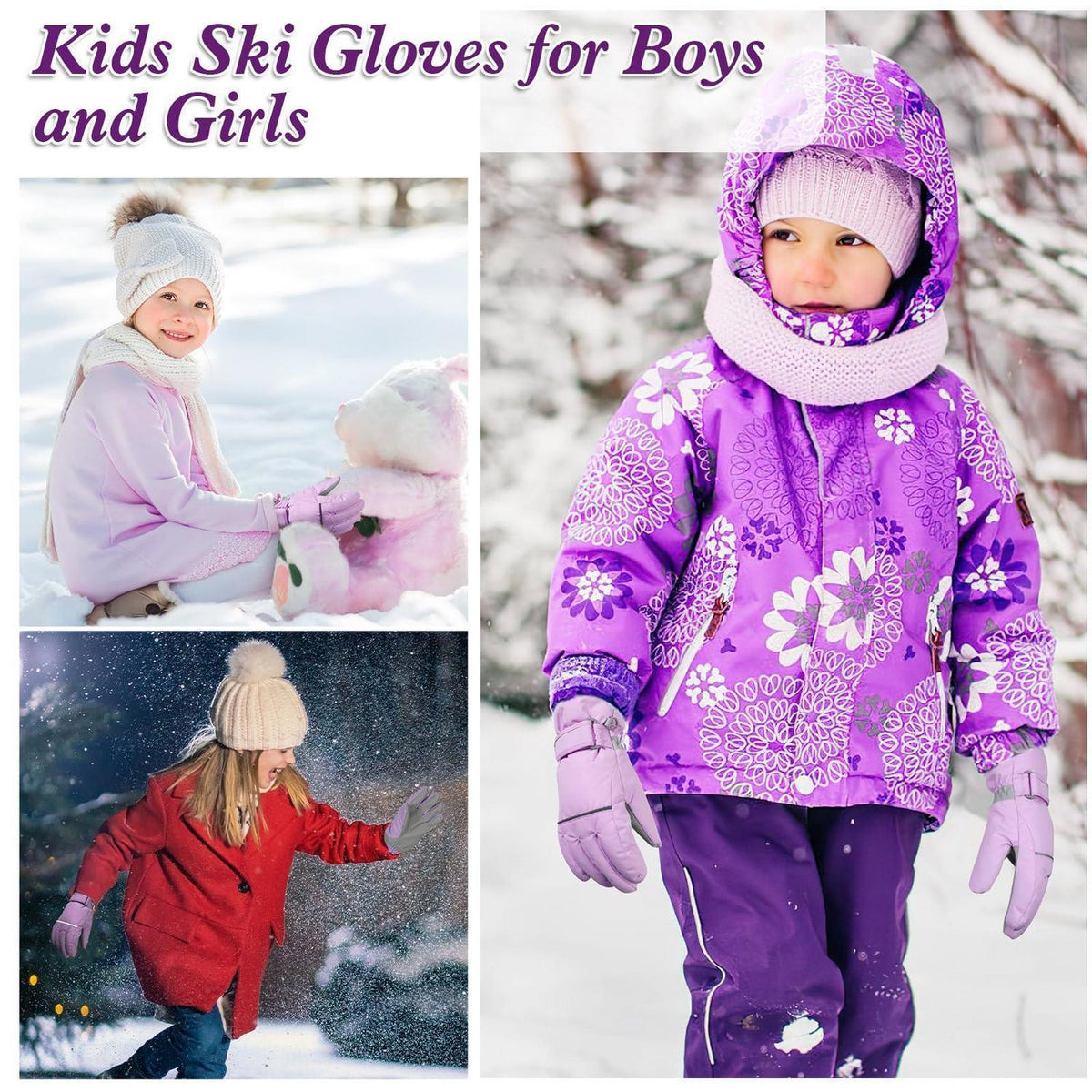 Kinder Skihandschuhe wasserdicht warm für Jungen Mädchen Violett XL