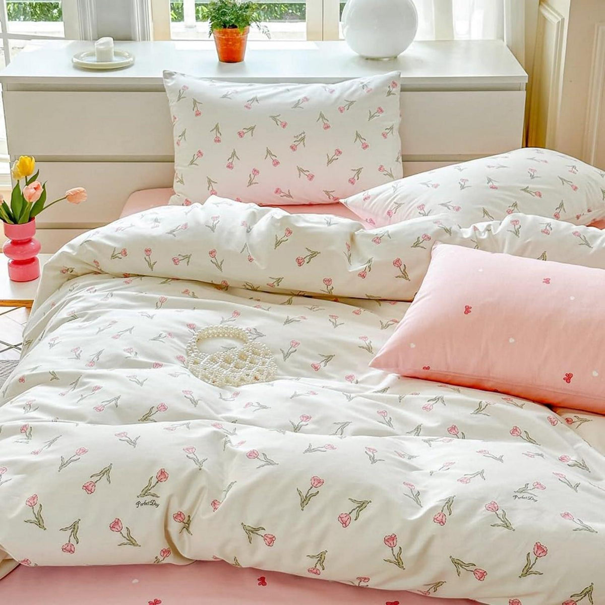 Baumwoll Bettwäsche Set 220x240 mit Blumenmuster Rosa Weiß