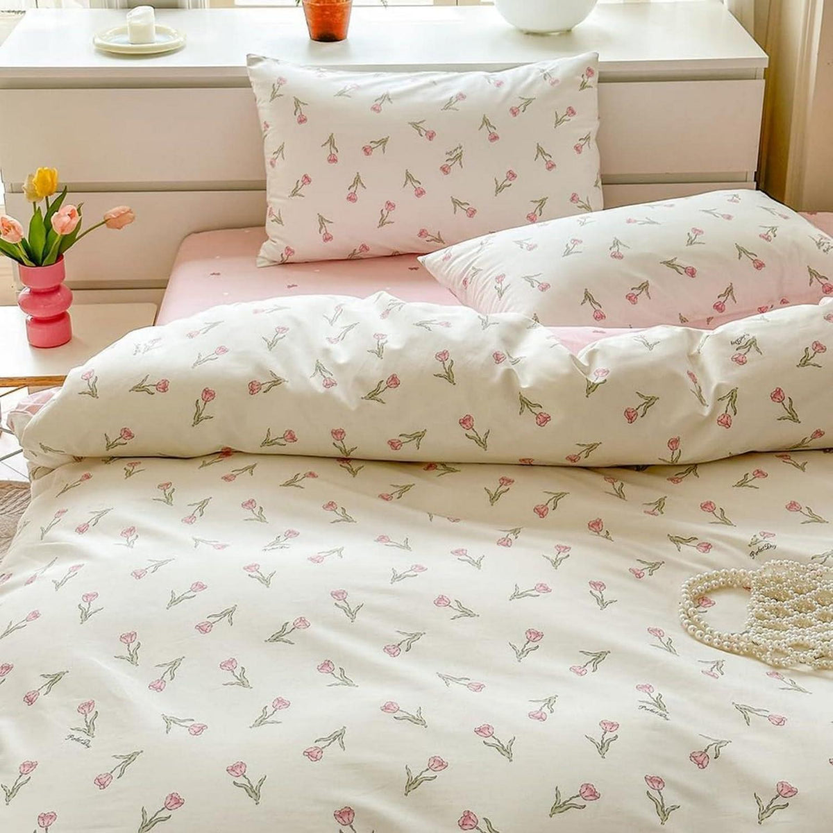 Baumwoll Bettwäsche Set Blumen Weiß Rosa 155x220 cm