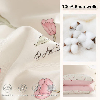 Baumwoll Bettwäsche Set Blumen Weiß Rosa 155x220 cm