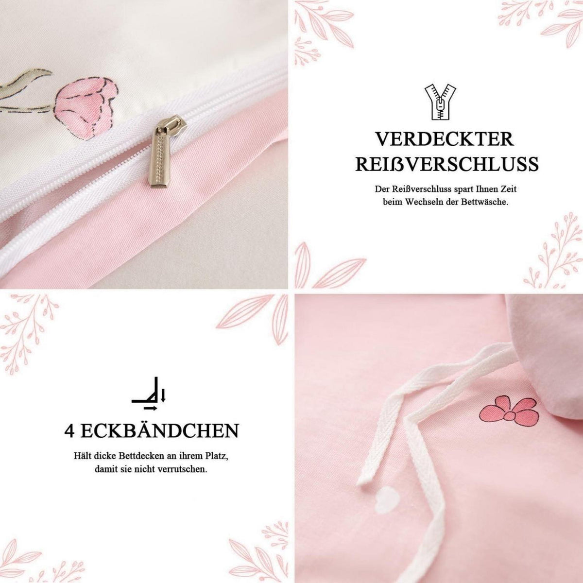 Baumwoll Bettwäsche Set Blumen Weiß Rosa 155x220 cm
