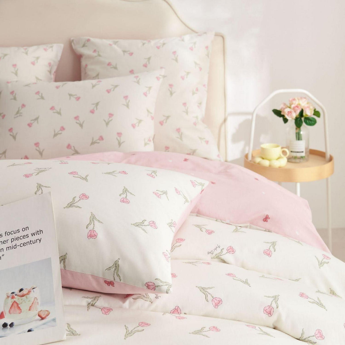 Baumwoll Bettwäsche Set 200x220 mit Blumenmuster Rosa Weiß
