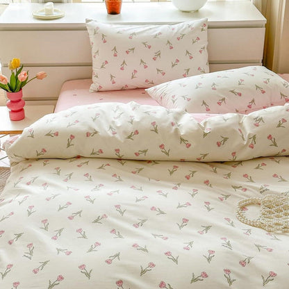 Baumwoll Bettwäsche Set 200x220 mit Blumenmuster Rosa Weiß