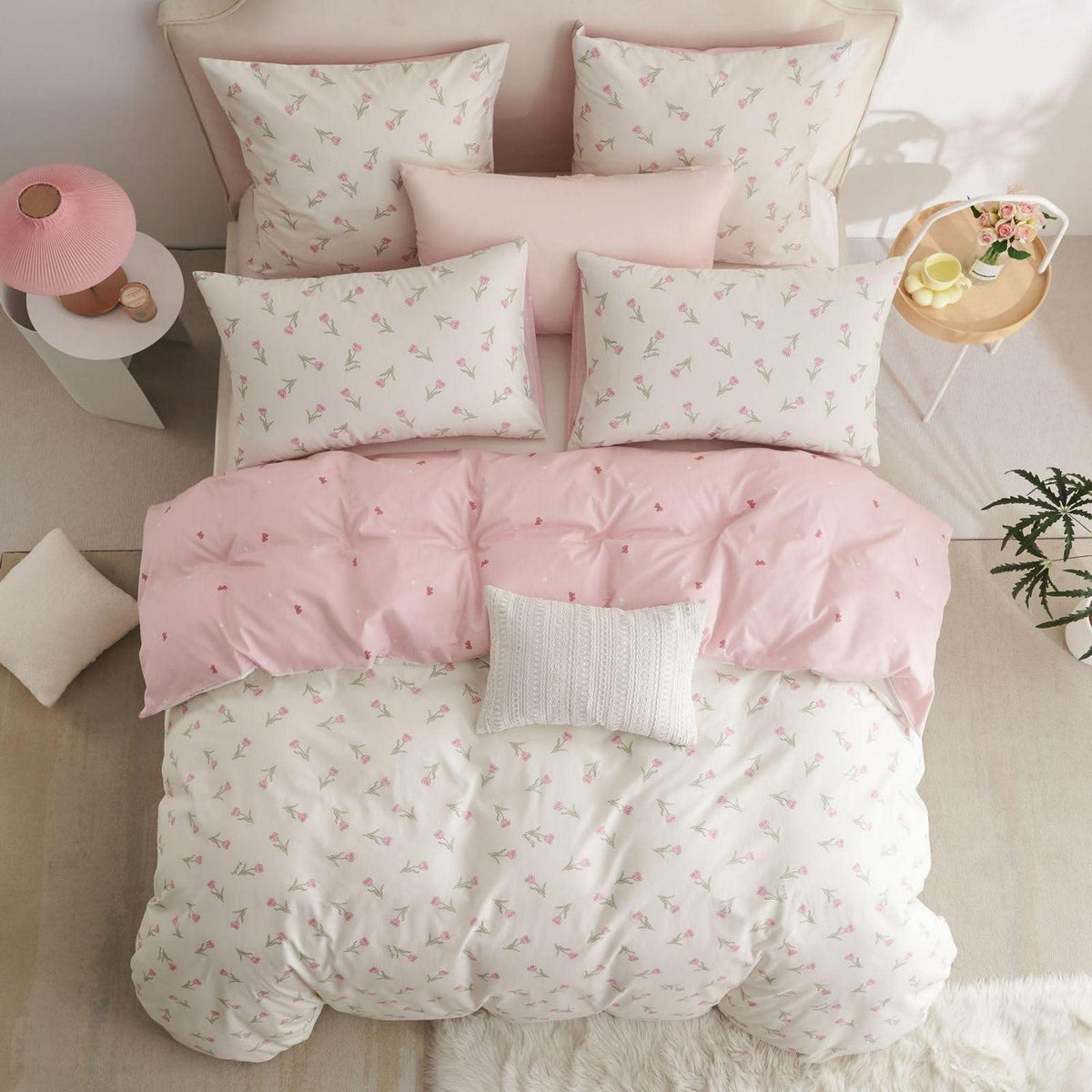 Baumwoll Bettwäsche Set 200x220 mit Blumenmuster Rosa Weiß