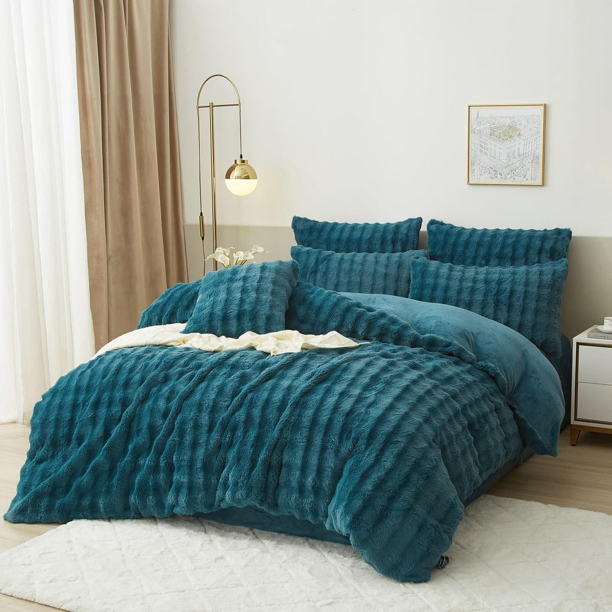 Flauschige Winter Bettwäsche Set 155x220cm Petrol Blau