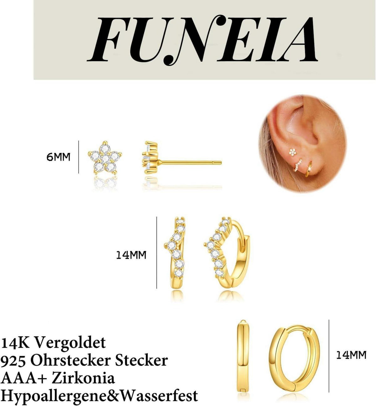 Damen Ohrringe Set Silber 925 Gold Vergoldet Zirkonia Stapelbar Elegante