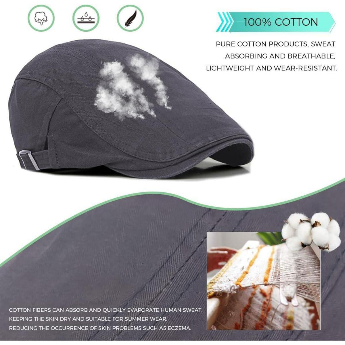 Baumwoll Flatcap Herren Sommer Schirmmütze Verstellbar Grau