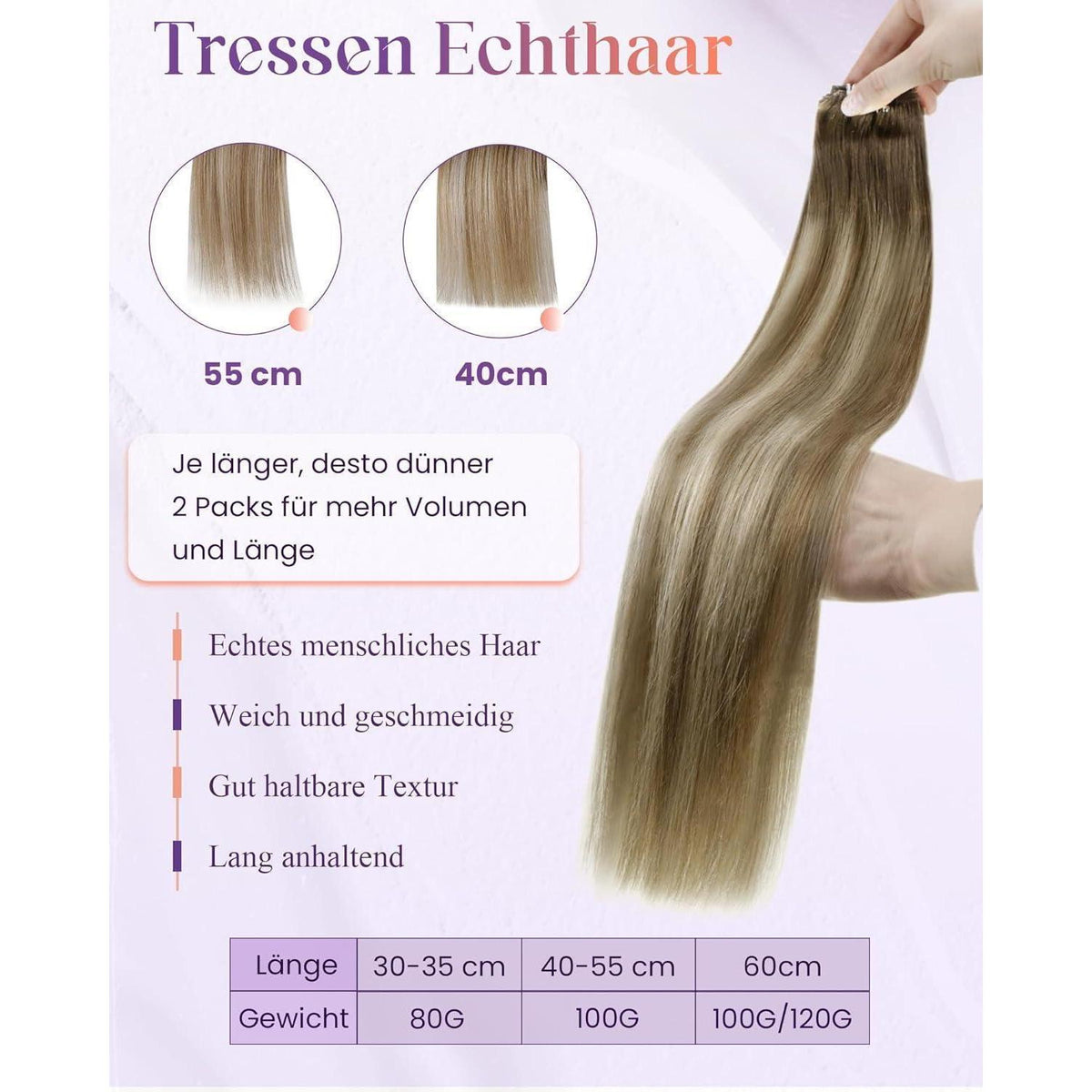 Echthaar Tressen Blayage Braun Ombre 35cm Weft Extensions