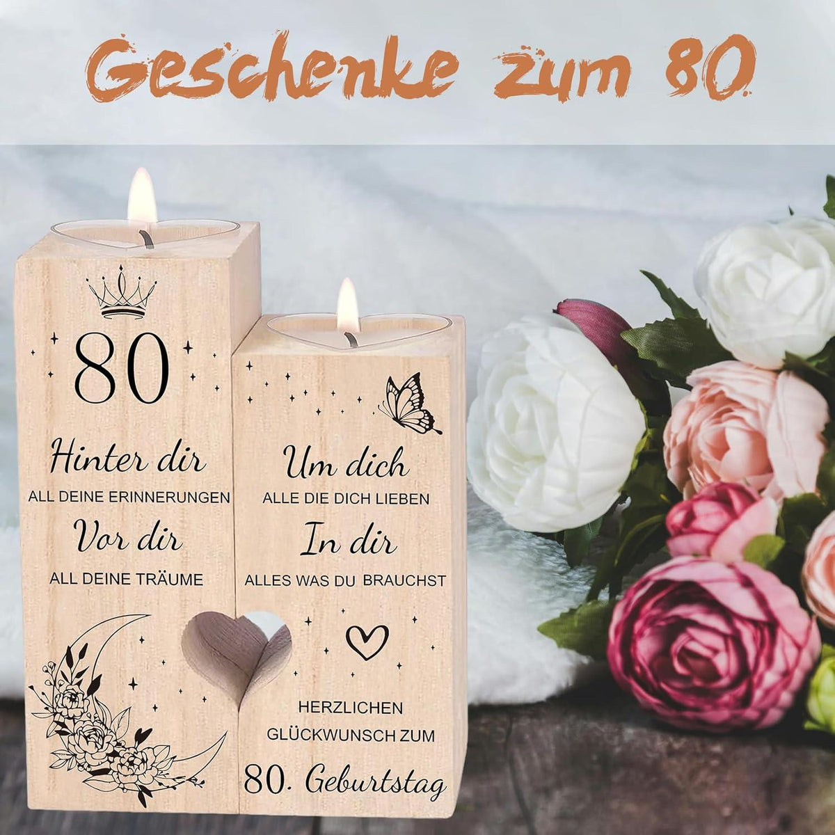 80. Geburtstag Kerzenständer Holz Deko Geschenkidee für Frau