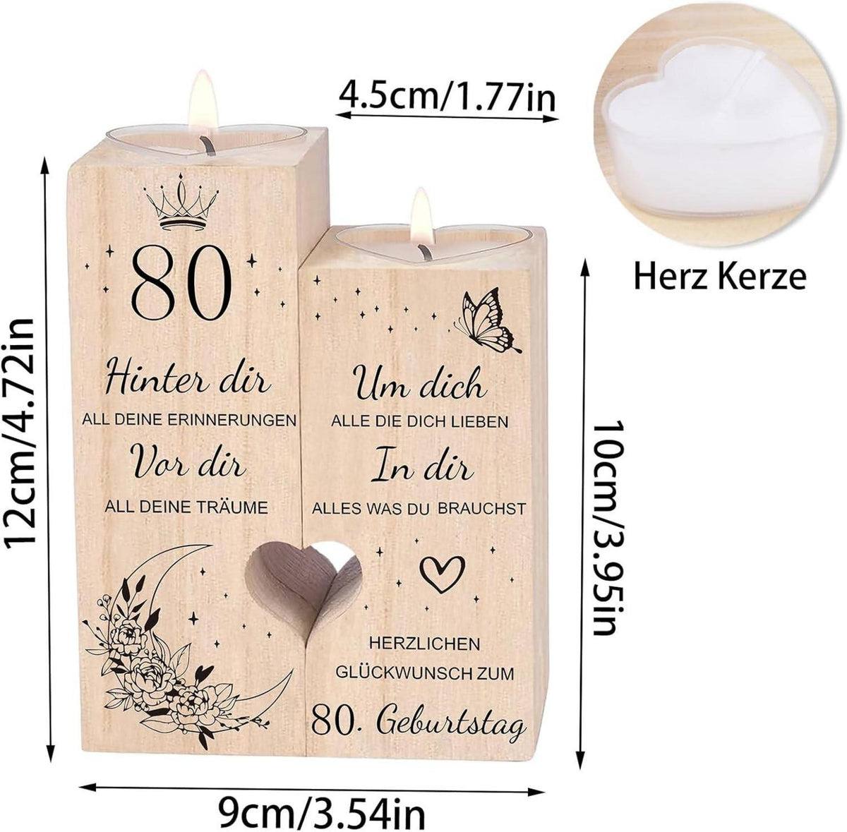 80. Geburtstag Frau Kerzenständer Holz Herzform Geschenkidee