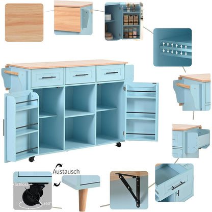 Klappbare Kücheninsel Blau mit Schubladen & Ablage